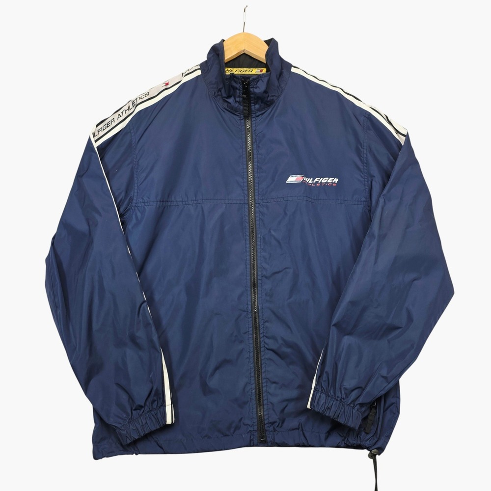 Vintage Tommy Hilfiger Athletics Windbreaker Jacket Navy Blue Mens S Logo Tape